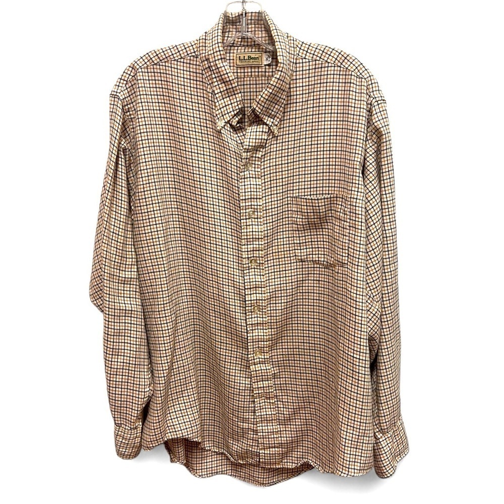 Vintage LL Bean blue/yellow plaid flannel button down shirt size XL 17-17 1/2
